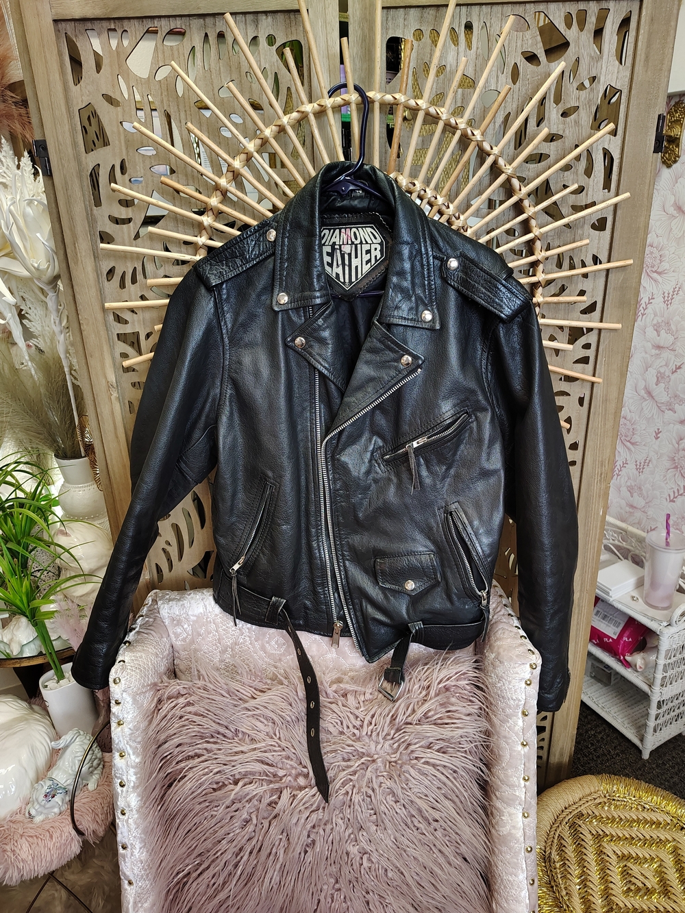 Men’s Vintage Diamond Black Biker Motorcycle Leather Jacket